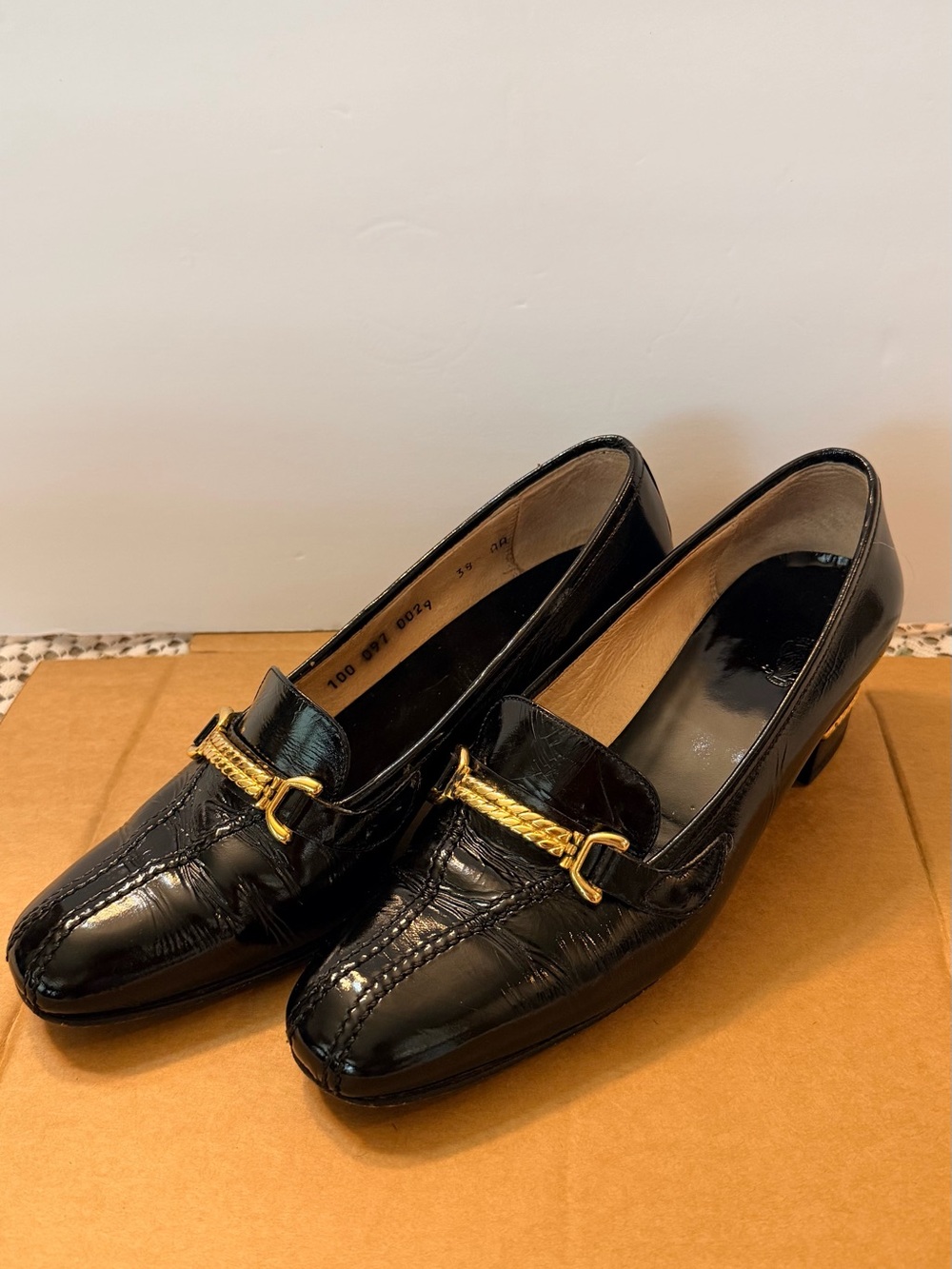 Gucci Black Patent Leather Loafers with Gold Chain Detail